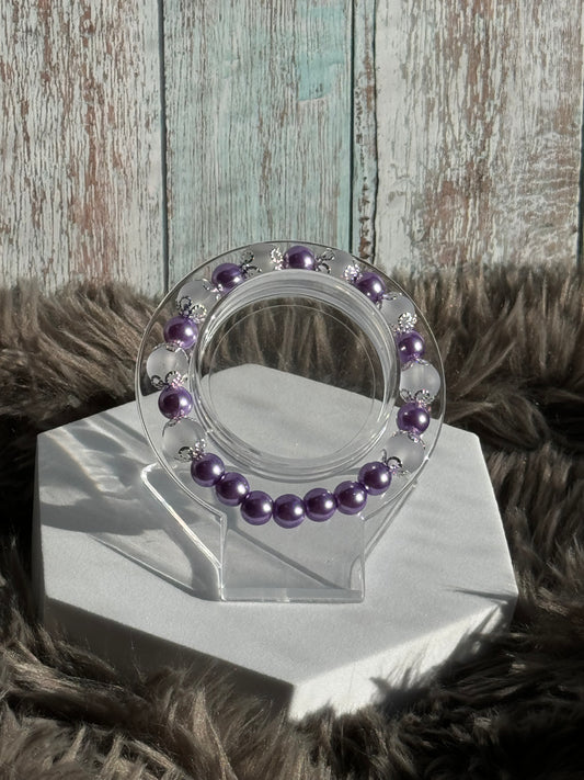 7" Purple Pearl and Clear Frosted Glass Beaded Bracelet (8mm&10mm)