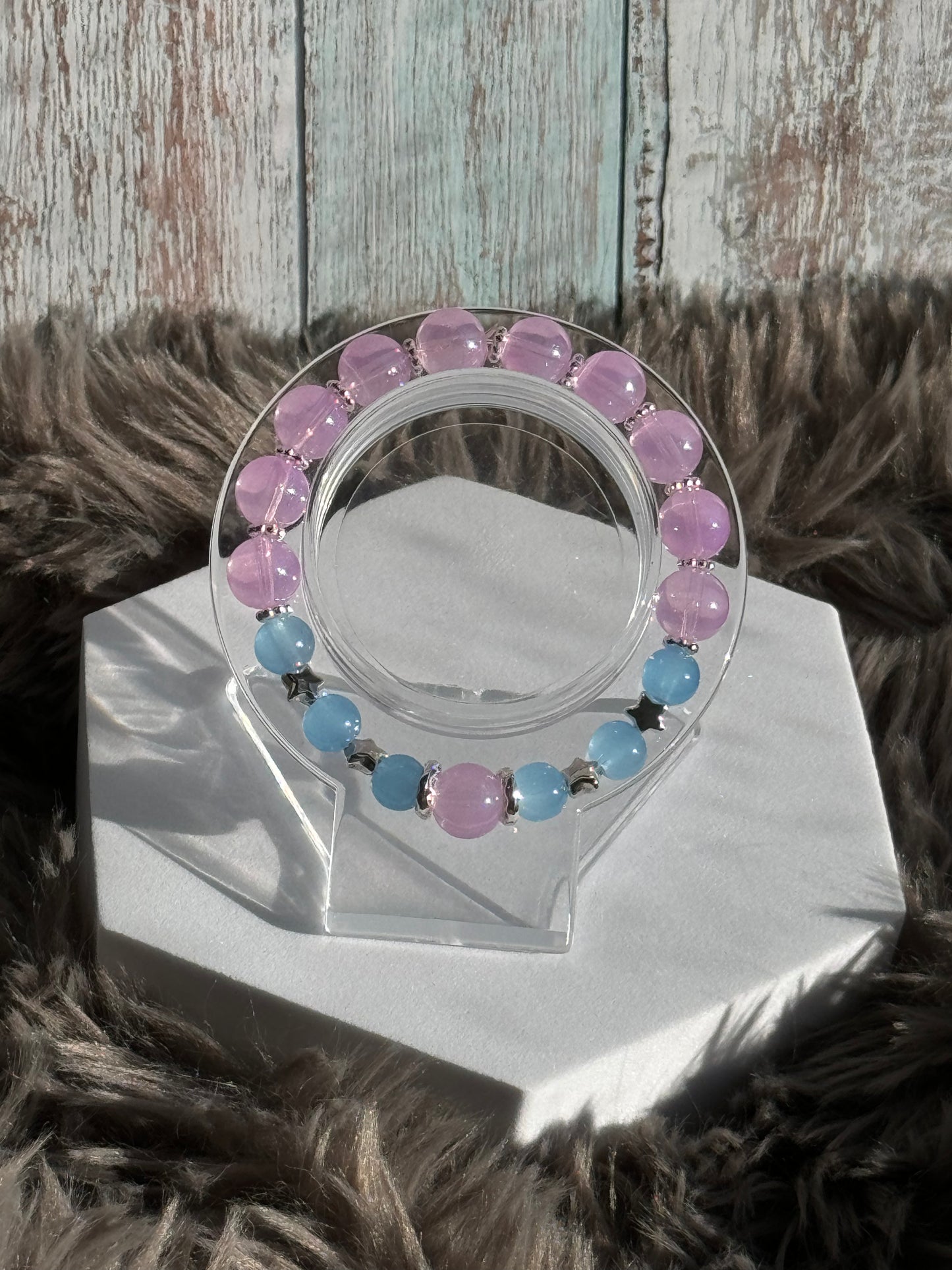 7 1/4" Pink and Blue Glass Beaded Bracelet (8mm&10mm)