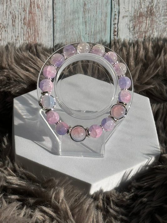 7 1/4" Pink and Purple Glass Beaded Bracelet (10mm)