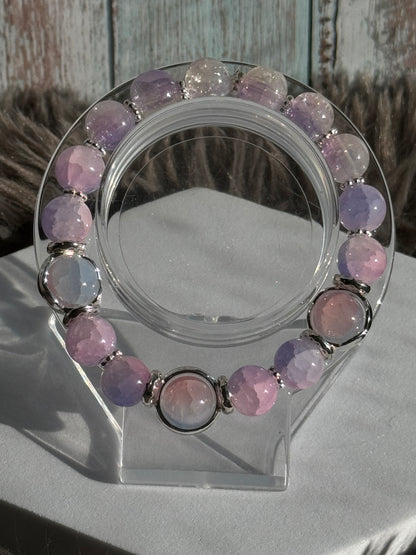 7 1/4" Pink and Purple Glass Beaded Bracelet (10mm)