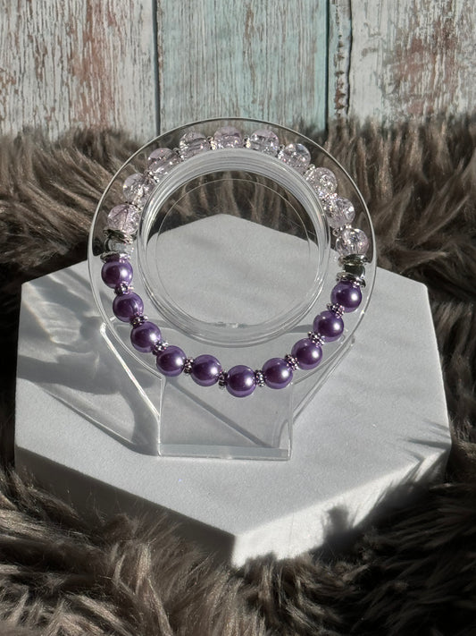 7 1/4" Half Purple Pearl with Half Light Purple Tinted Crackle Glass Beaded Bracelet (8mm)