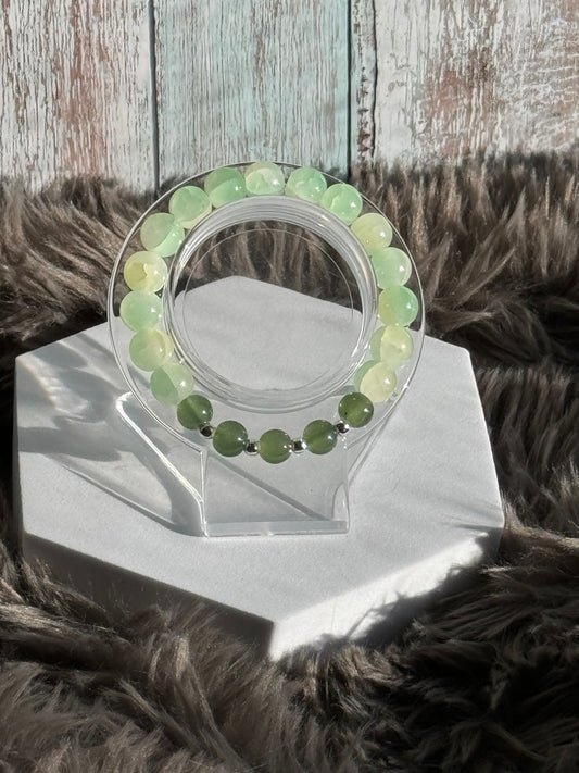 7" Light Green/Yellow with Mossy Green Glass Beaded Bracelet (8mm&10mm)