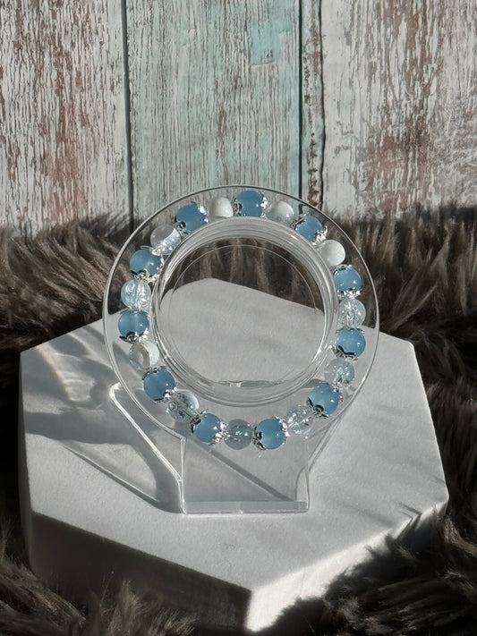 7" Half Blue, Half Milky White Glass Beaded Bracelet (8mm)