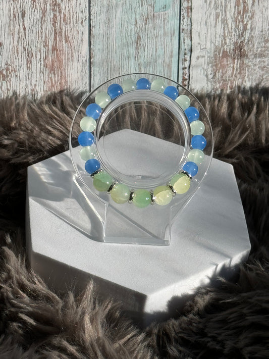 7" Blue with Light Green/Yellow Glass Beaded Bracelet (8mm&10mm)