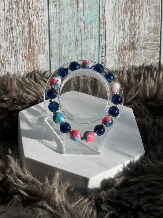 7 1/2" Blue with Pink/Blue Watercolor Glass Beaded Bracelet (10mm)