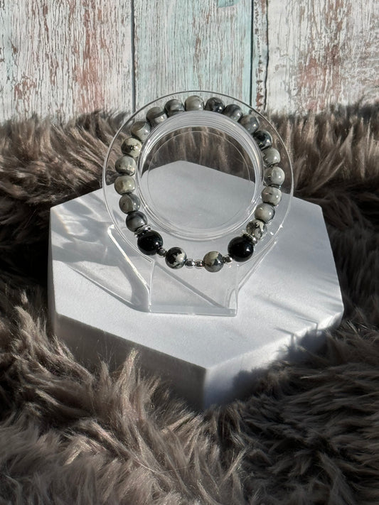 7" Black with Grey Watercolor Glass Beaded Bracelet (8mm&10mm)