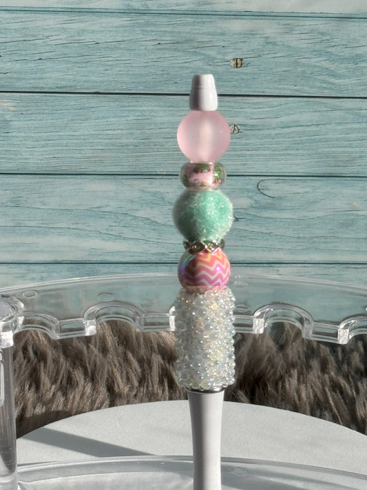 White Glass Bubble Pen with Pink and Green Accents